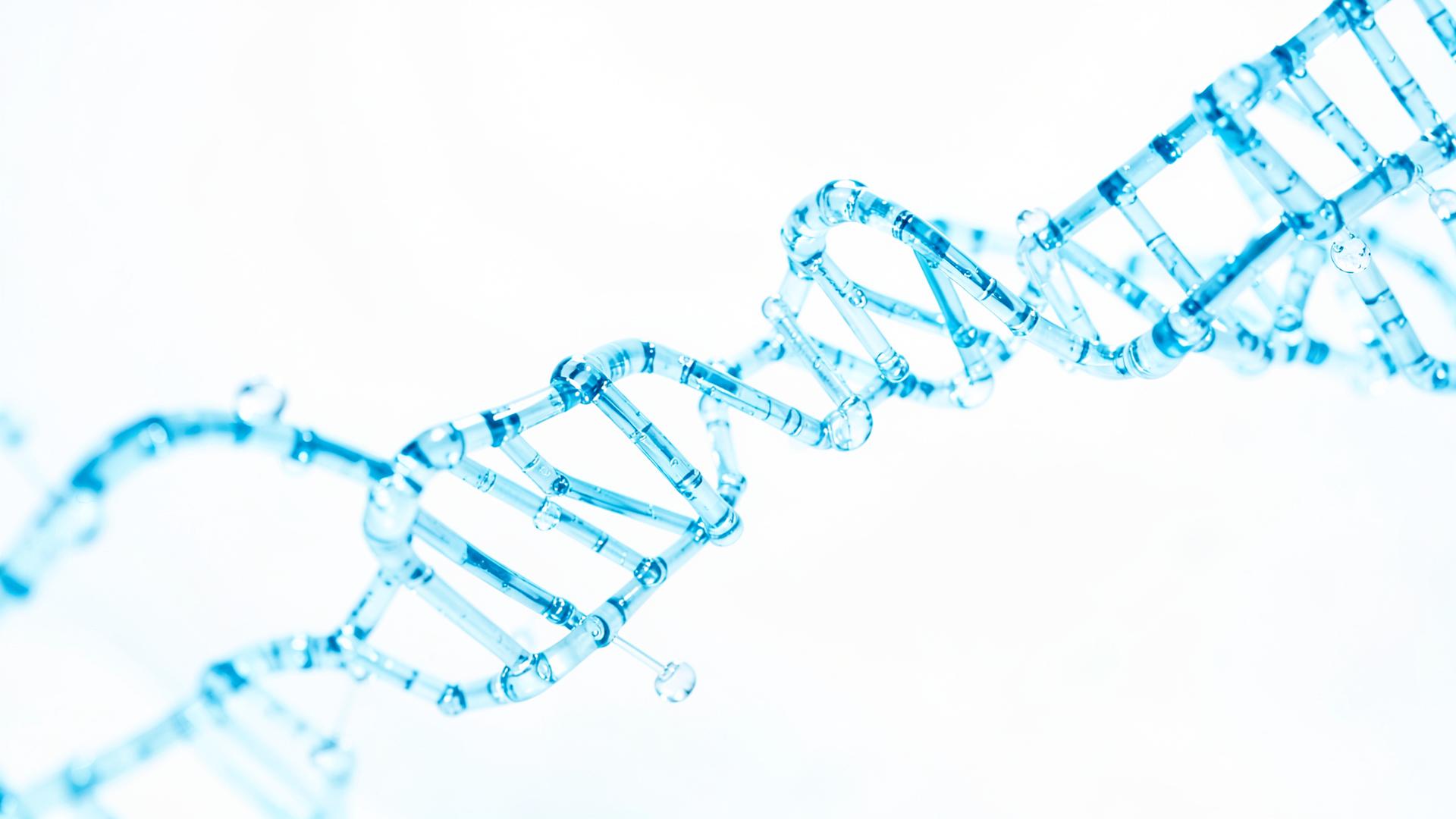 Illustration of a DNA double helix in blue tones
